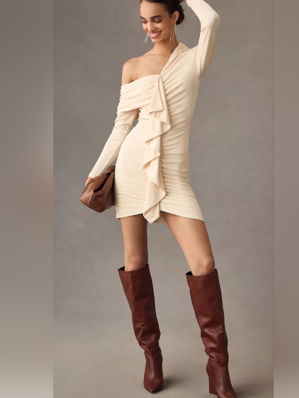 Misha One-Shoulder Cream Ruched Cocktail Dress